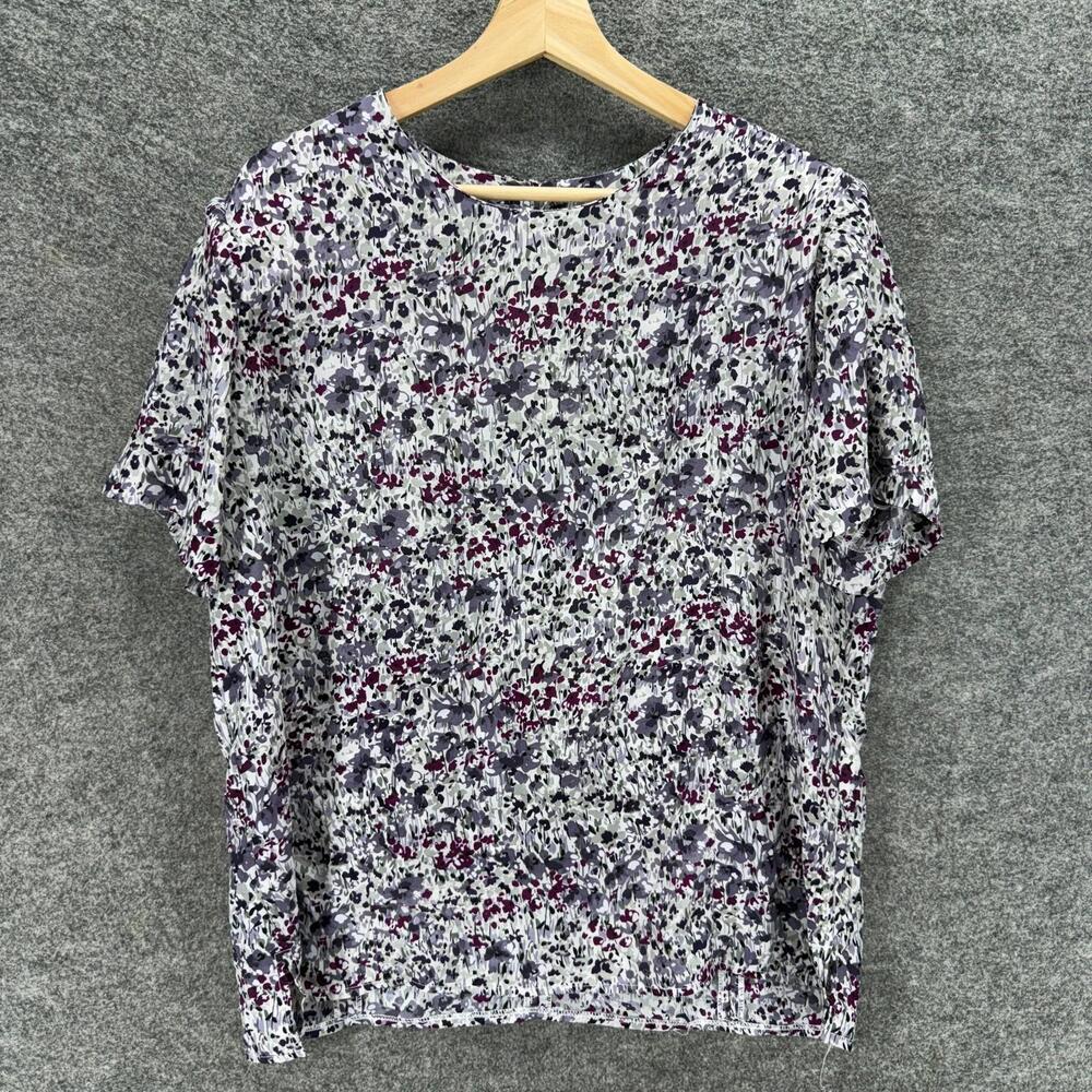 Reflections Blouse Women M Medium White Geometric Short Sleeve Hook & Eye Casual